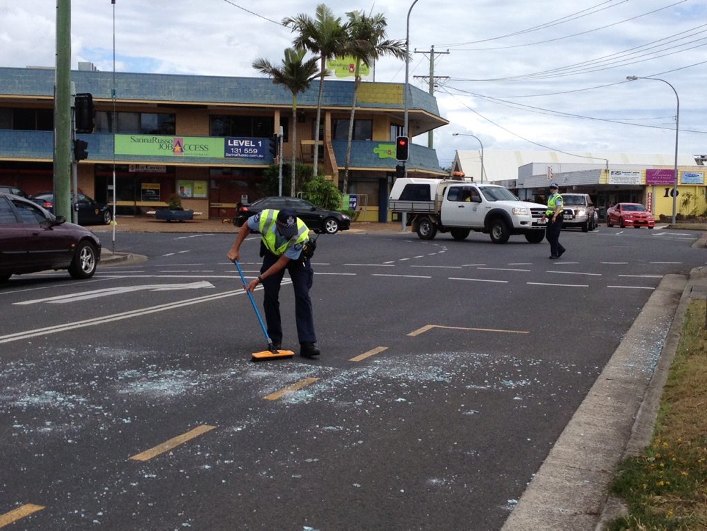 Police direct traffic and sweep up glass on Torquay Rd after a pane fell from a trailer about 10am. Police direct traffic and sweep up glass on Torquay Rd after a pane fell from a trailer about 10am.